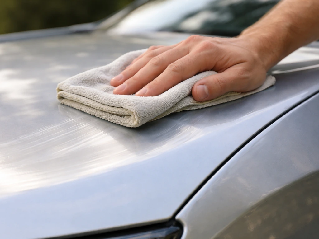 Side view of a soft cloth spreading a thin, even coat of carnauba wax on a clean aluminum car panel.