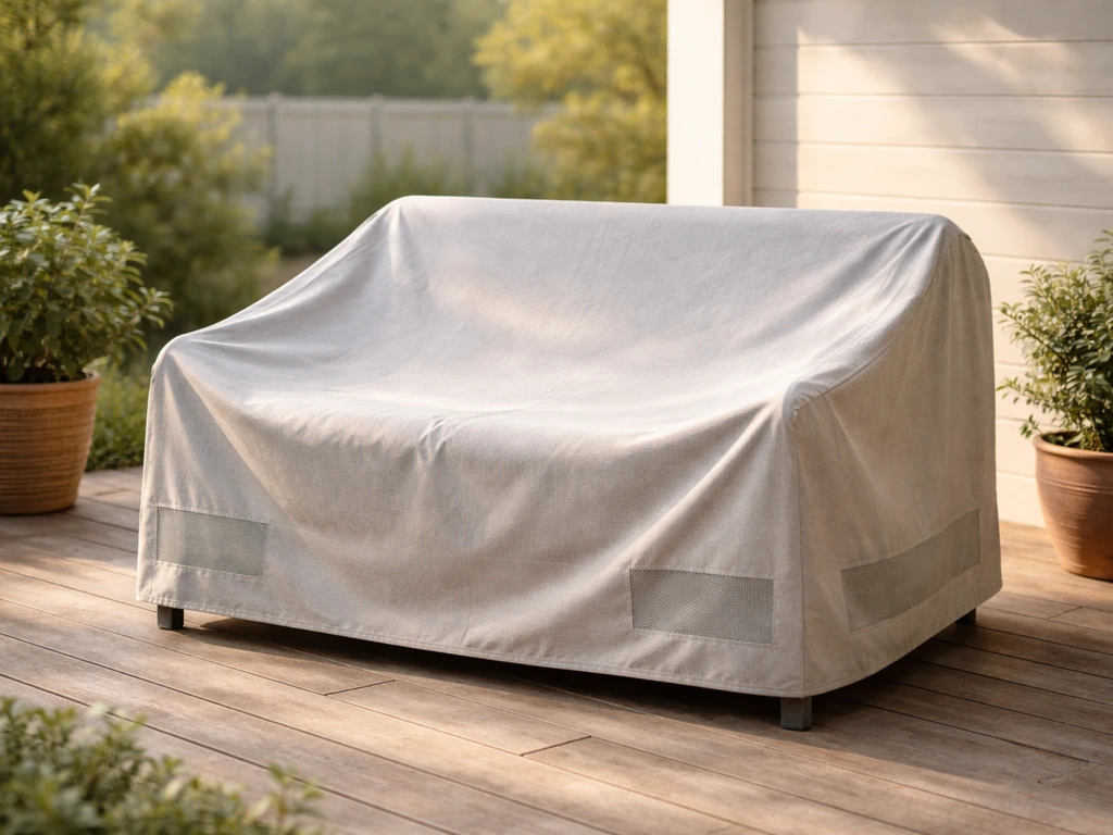 Covered patio furniture with a breathable, vented cover; clean, dry cushions on a quiet patio.