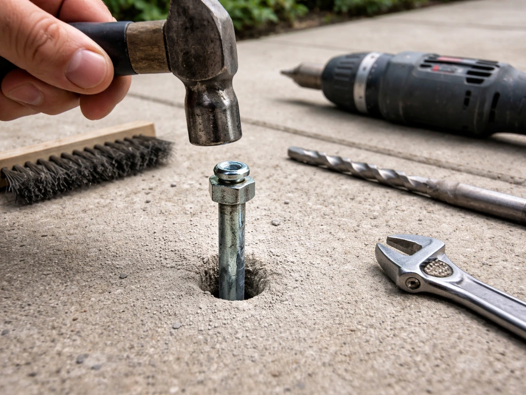 Close-up of a wedge anchor being installed into a drilled patio hole with tools nearby