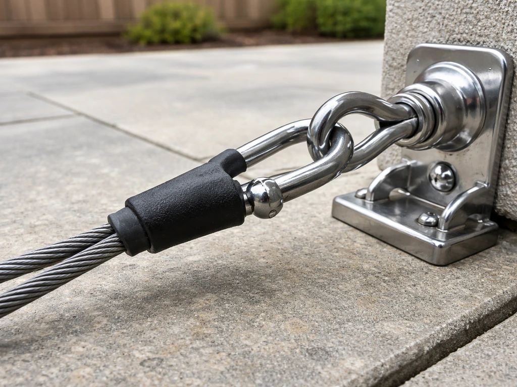 Outdoor patio hardware with stainless cable, shackles, and rust-resistant protective coating visible.