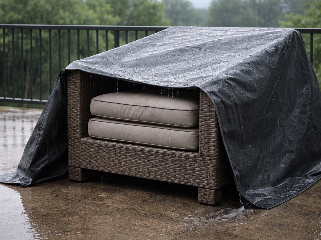 Patio furniture and cushions under cover with water draining setup on a rainy day