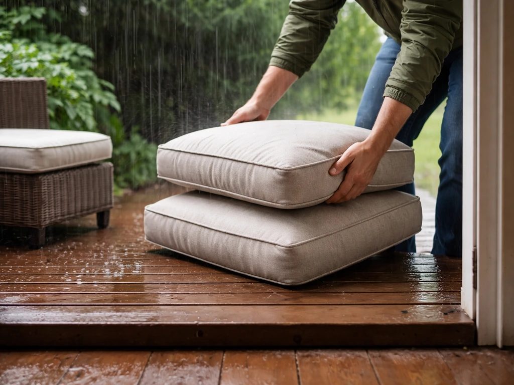 Person quickly grabs outdoor seat and back cushions inside as rain falls.