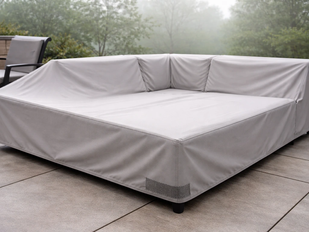 Taut breathable cover fitted over patio seating, showing no pooled water and a snug, dry fit.
