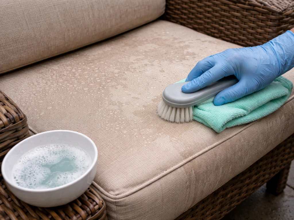 Person cleaning a rain-damp outdoor cushion with a soft brush using mild soapy water.