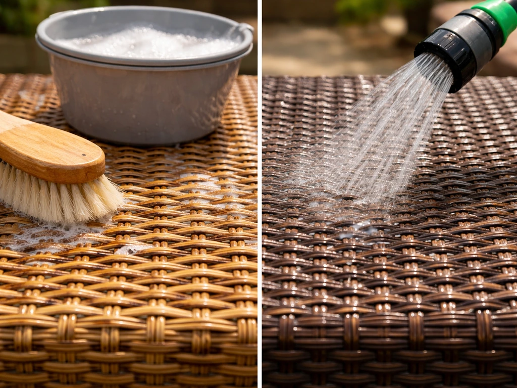 Close-up of natural wicker gently brushed into the weave, with synthetic wicker lightly rinsed beside it.