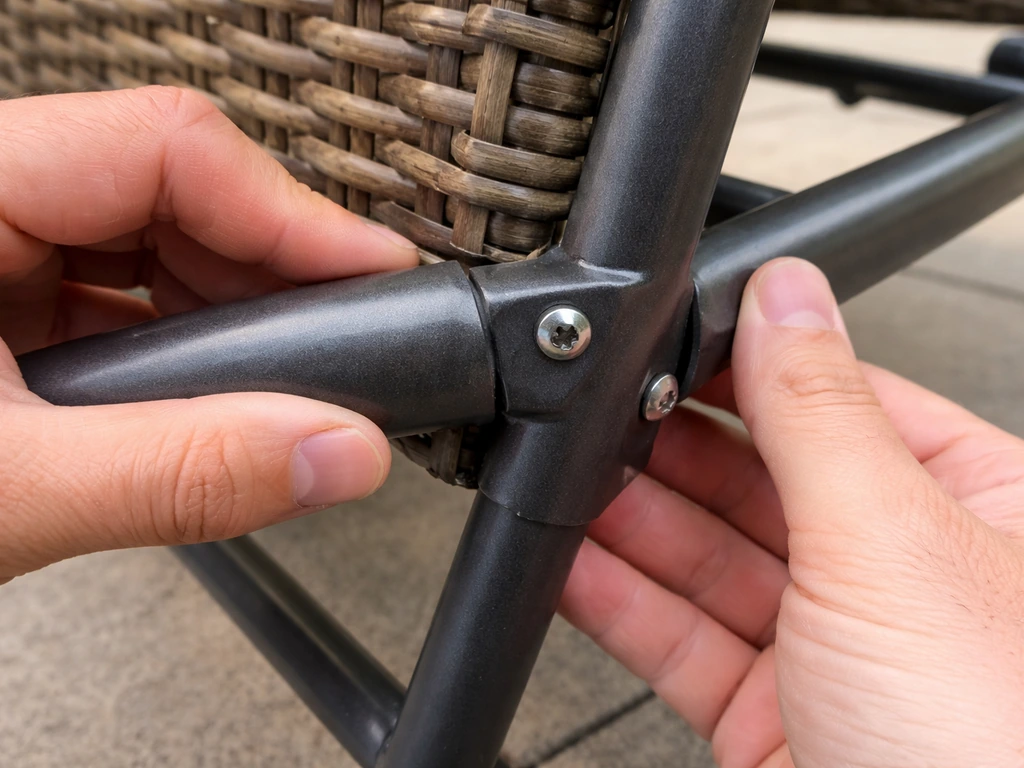 Hands checking the metal frame joints and fasteners on a wicker patio furniture piece.