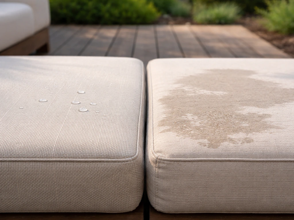 Outdoor cushions laid out side by side, one with breathable cover and one untreated, showing protection contrast