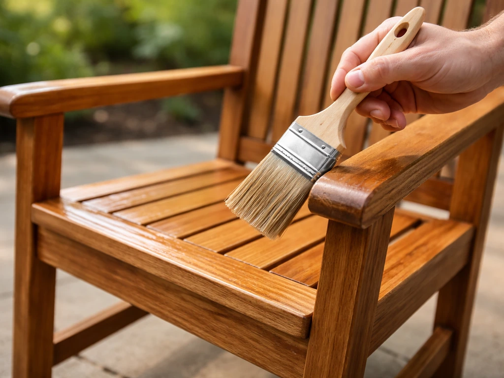Outdoor wooden patio chair being sealed with a brush, showing fresh protective finish and visible wood grain.