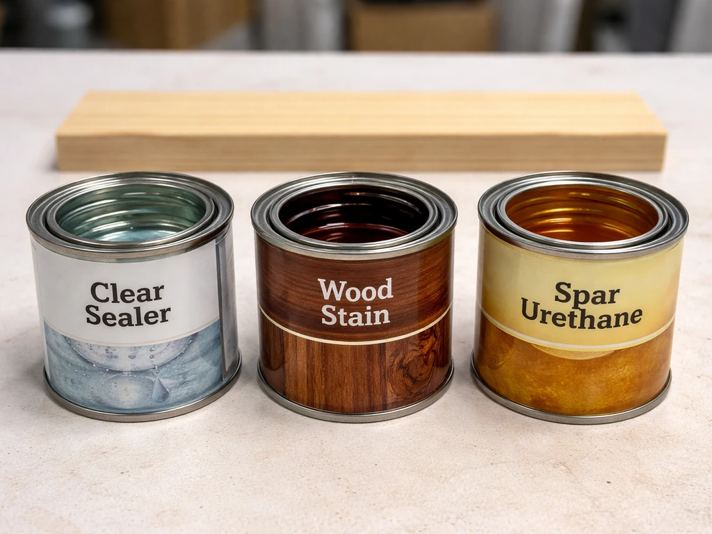 Three wood finishing products side-by-side on a workbench with wood plank backdrop.