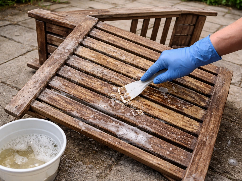 Patio chair slats being stripped with chemical cleaner and scraped clean, outdoors in daylight.