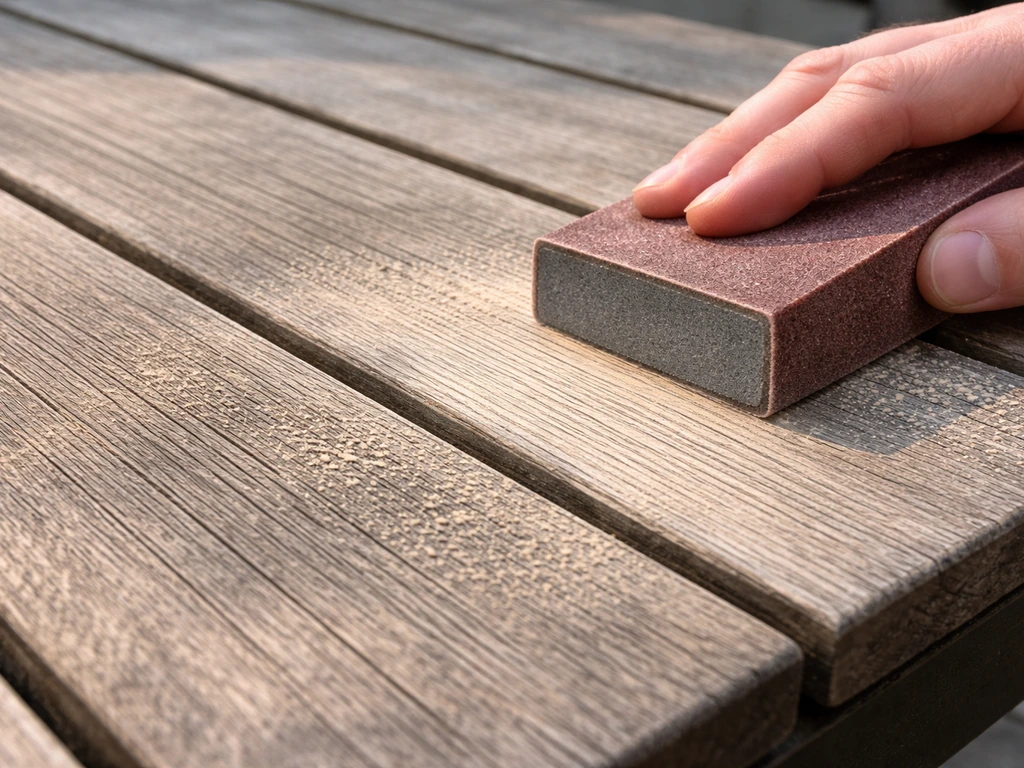 Close-up sanding patio furniture wood with sandpaper on a foam block, following the wood grain.