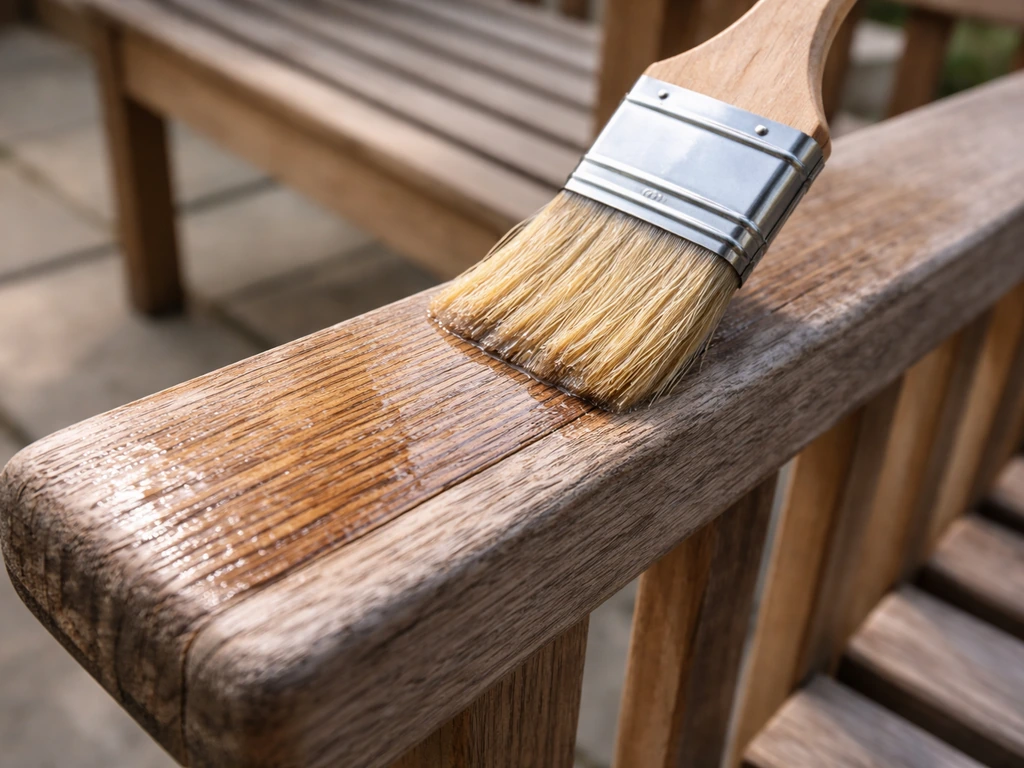 Natural-bristle brush applying first coat of sealer along wood patio furniture arm slats