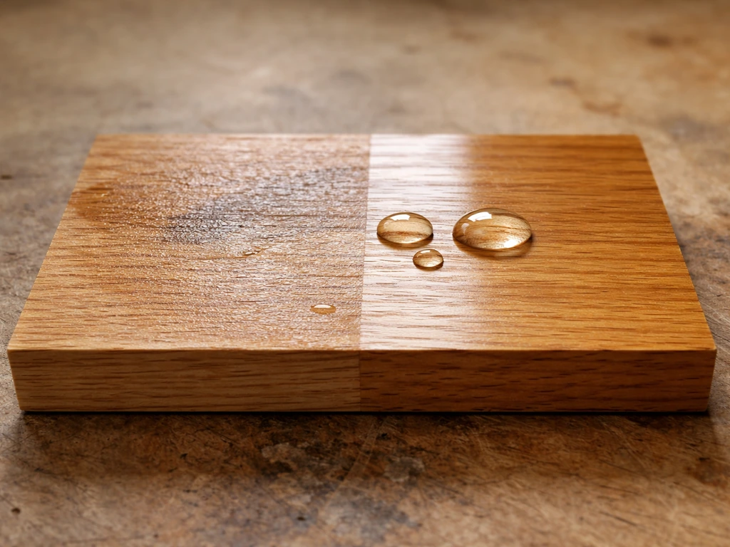 Close-up of two-sided wood finish: blotchy failed area versus smoothly sealed area with water droplets for testing.