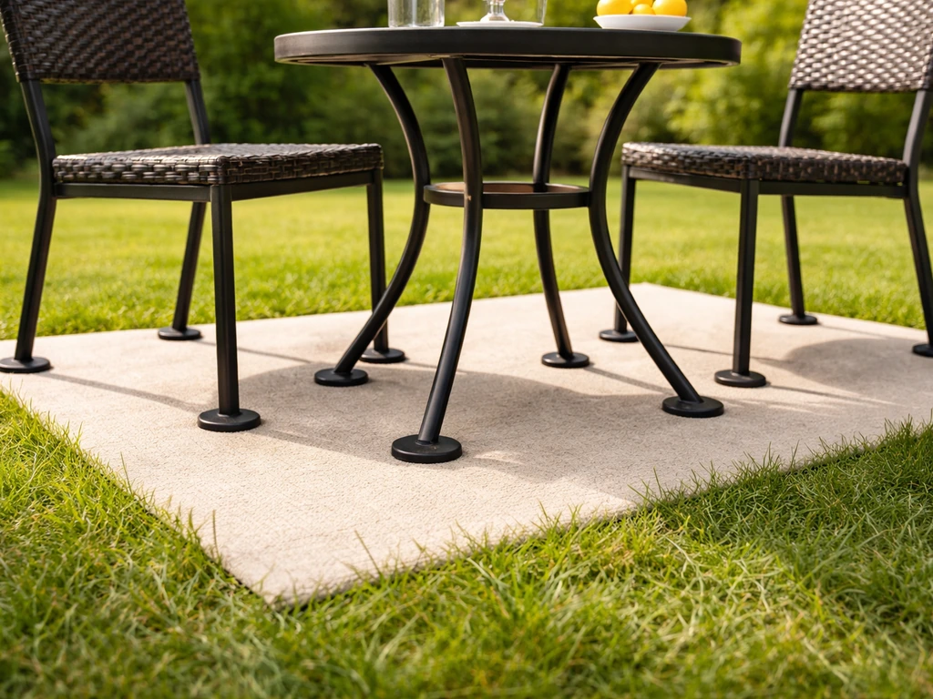 Patio dining set on grass with wide footings and an underlayment mat beneath the legs.