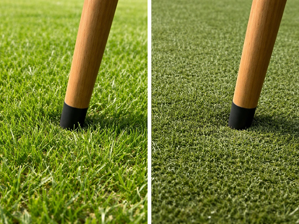 Split-screen photo comparing lush real grass blades vs compacted artificial turf under a chair leg