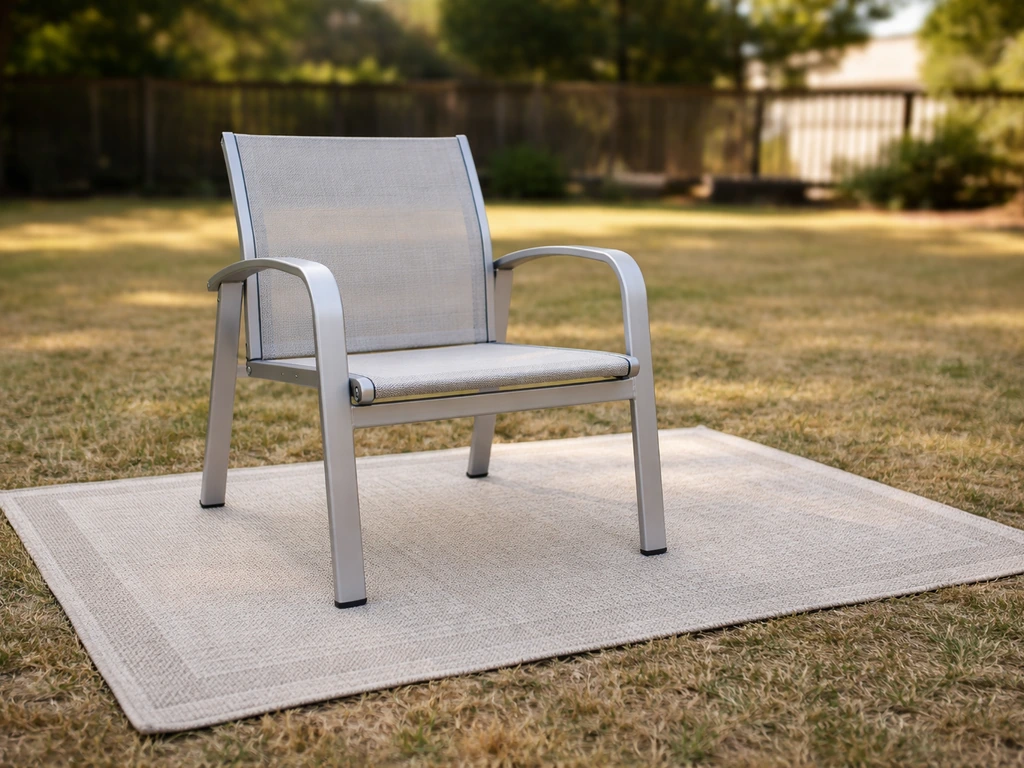 Lightweight patio chair on an outdoor mat atop a dry, level lawn, set up for a party.