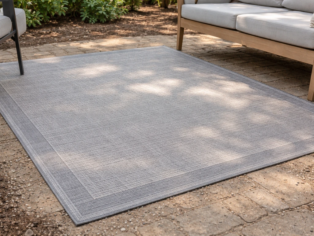 Weather-resistant outdoor rug laid flat beneath patio seating with a simple outdoor setting