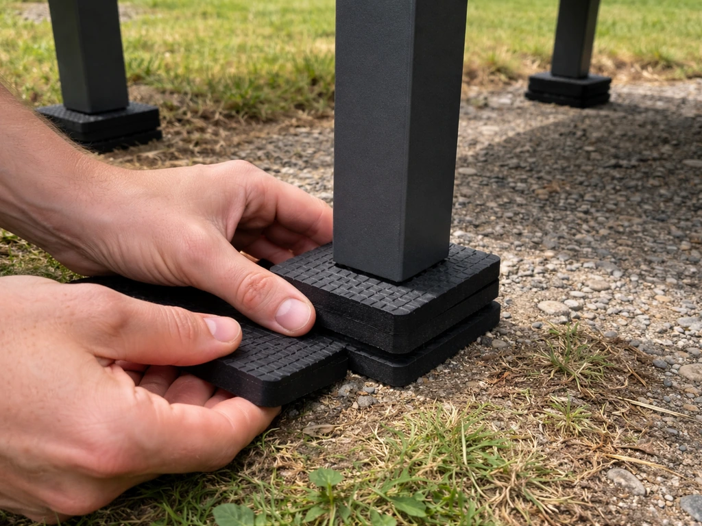 Hands slide rubber leveling pads under patio furniture legs on uneven ground for stability.