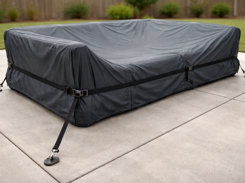 Tightly strapped patio furniture cover secured with taut anchor straps on a concrete patio