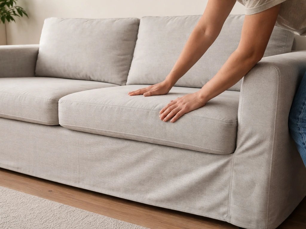 Hands pulling a sofa cover fully down with the bottom hem flush under the seat cushions, then smoothing fabric.