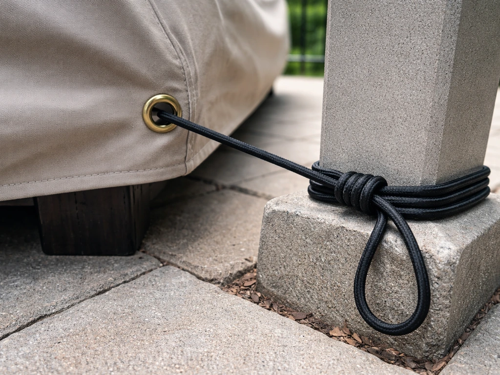 Close-up of a bungee cord routed through a cover grommet and tied to a patio anchor point.