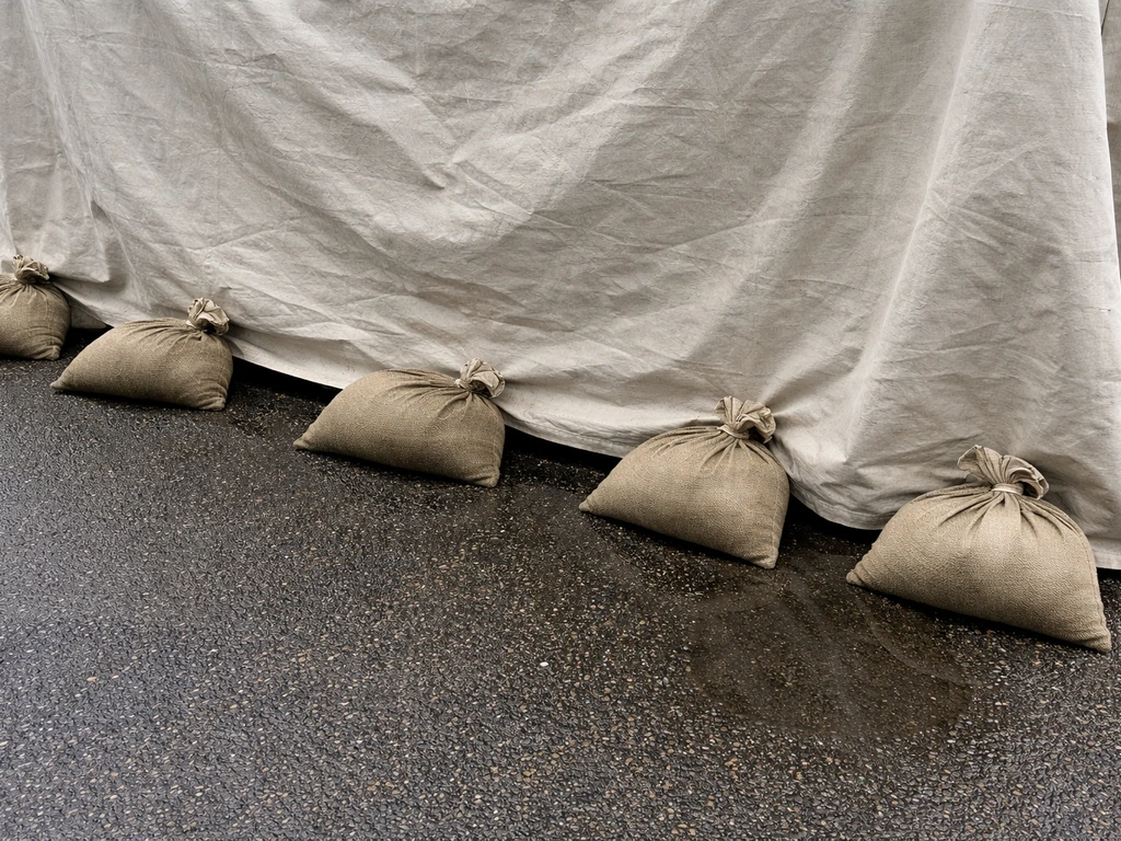 Sandbags placed along a tarp cover’s lower edge to keep it from shifting, with water pooling nearby.