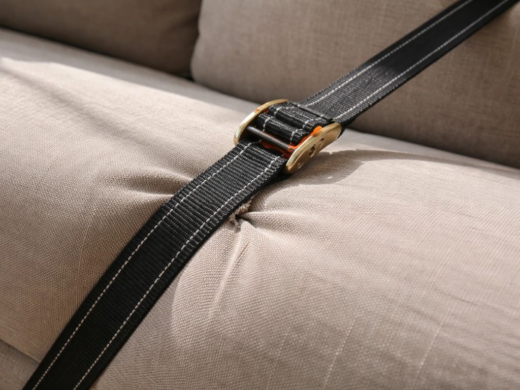 Over-tightened upholstery strap creates a sharp fold crease and slight fabric tearing on a couch cover.