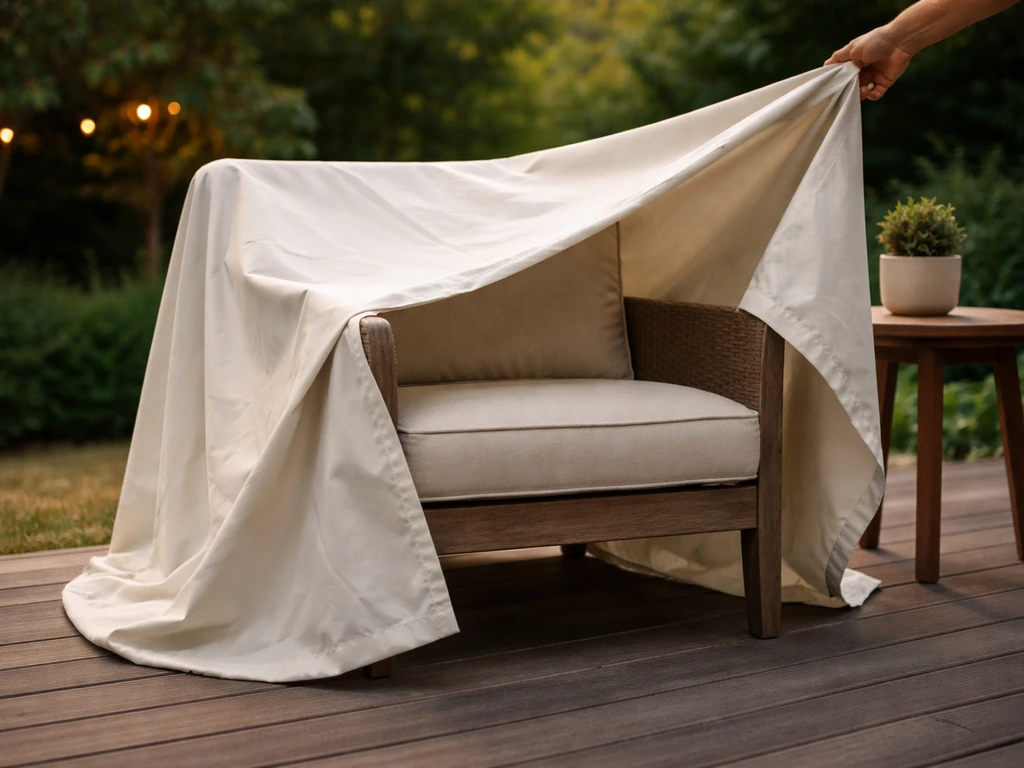 Patio chair covered overnight with an open cover on a warm summer day