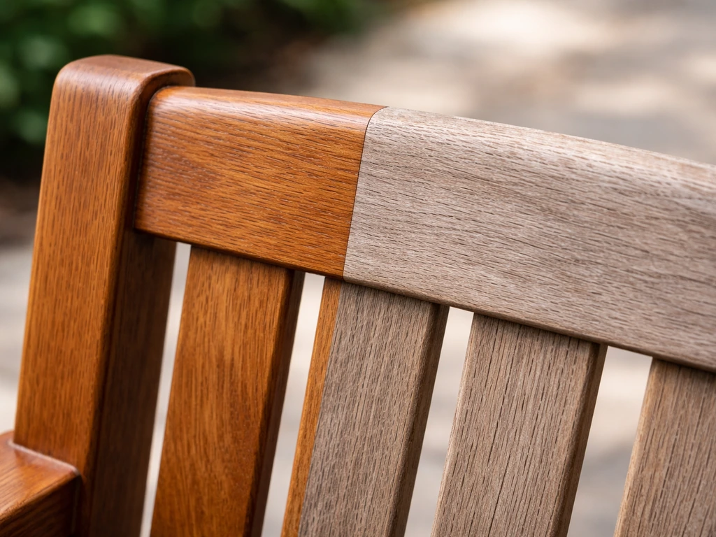 Close-up of a teak outdoor chair with one area properly protected and another grayed from sun and moisture.