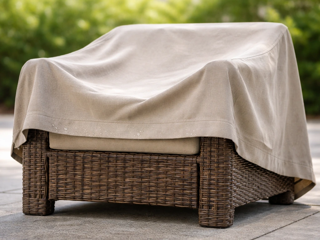 Outdoor resin wicker chair with a breathable cover fitted on top, sides left ventilated to prevent moisture traps.