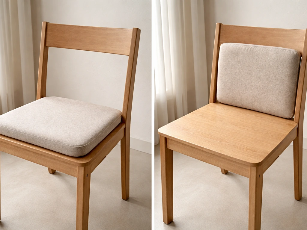 Left flat seat cushion on a chair seat; right thinner back cushion against the chair back.