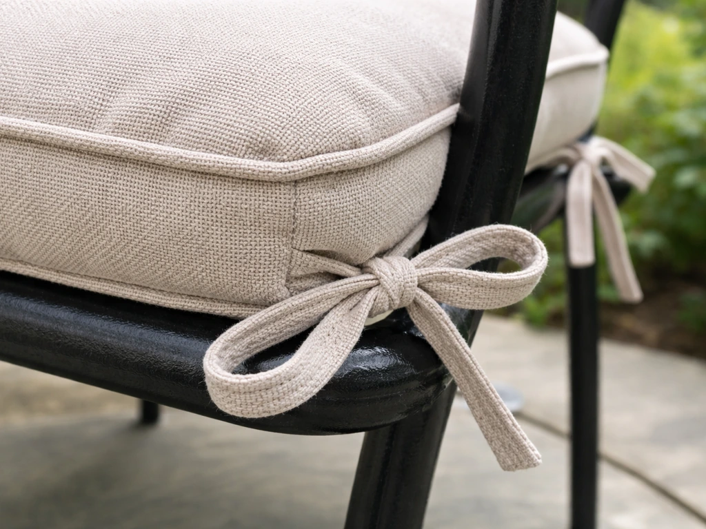 Cushion tie cords looped and knotted around a patio chair frame in natural outdoor light