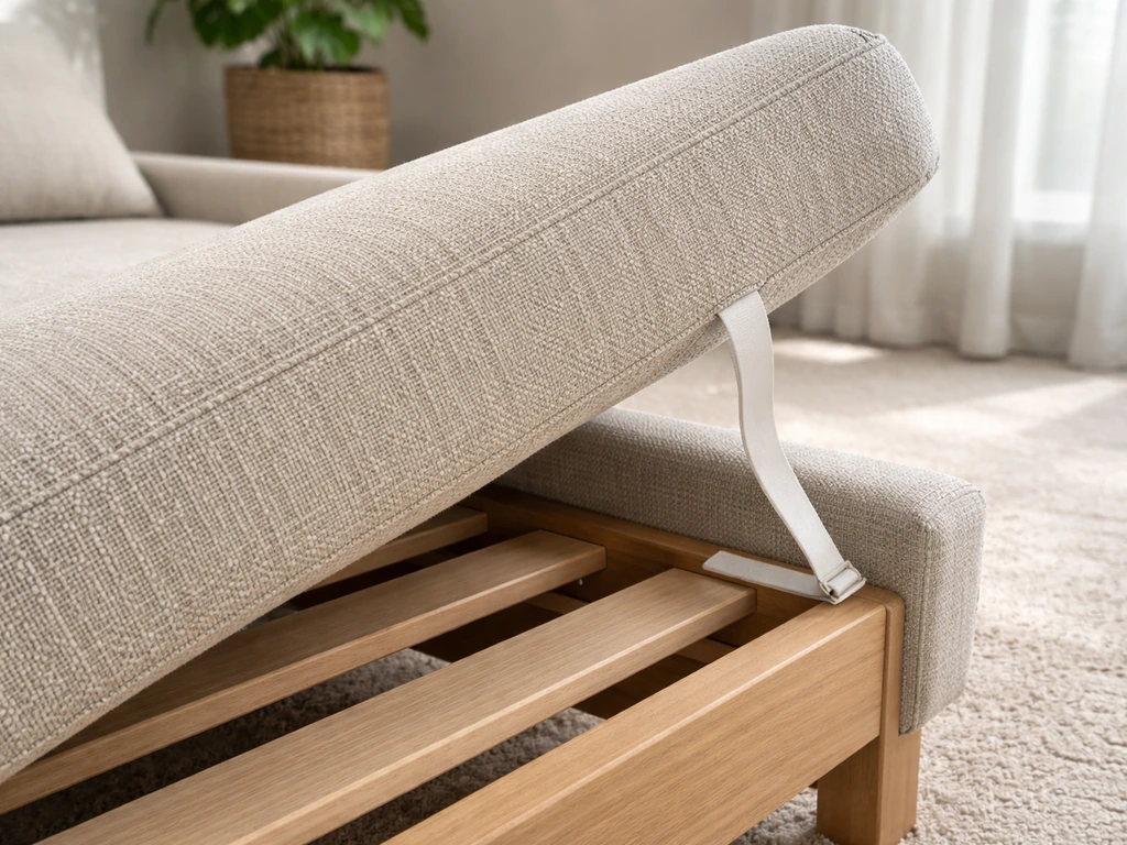 Elastic bands sewn to a chaise cushion corners, looped around the frame slats.