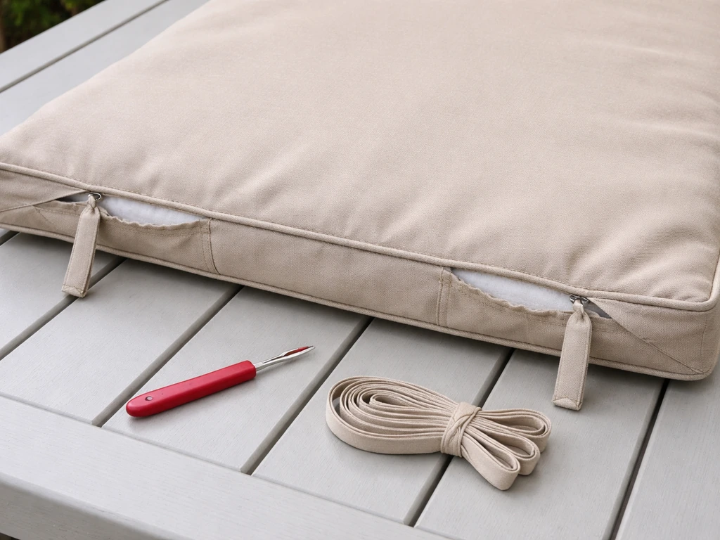 Close-up of an outdoor cushion underside with back seam opened and tie loops prepared