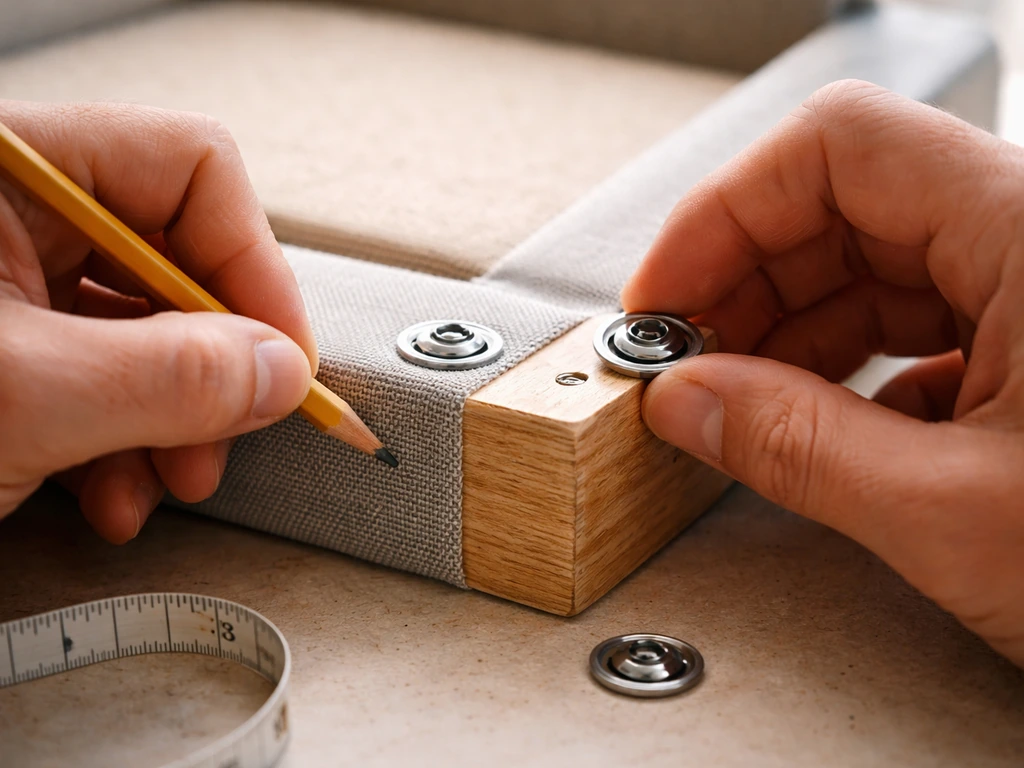 Close-up of hands marking and snapping snap fasteners onto a cushion frame with a simple measuring tape.