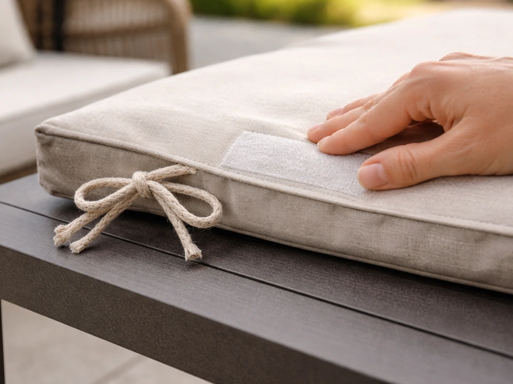 Close-up of an outdoor cushion underside showing frayed ties and a hand re-pressing a Velcro patch.