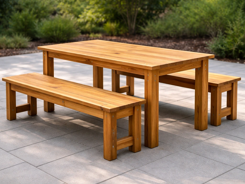 Finished weatherproof wooden patio dining set on a clean outdoor patio in natural light.