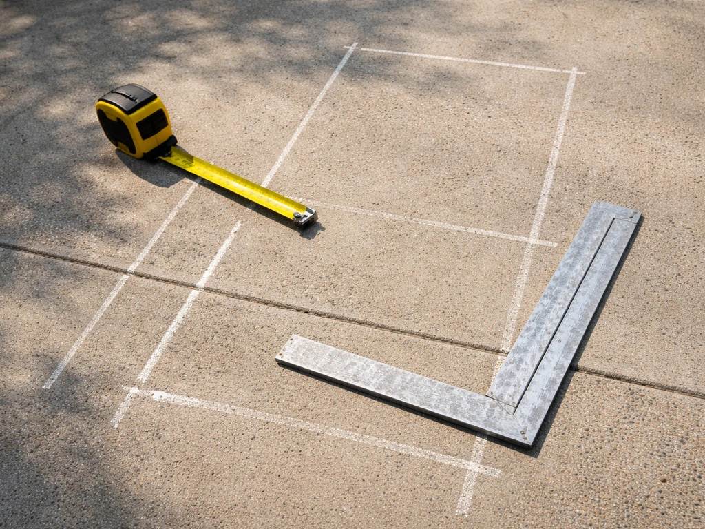 A measuring tape and framing square laid on a patio surface, outlining chair and spacing areas.