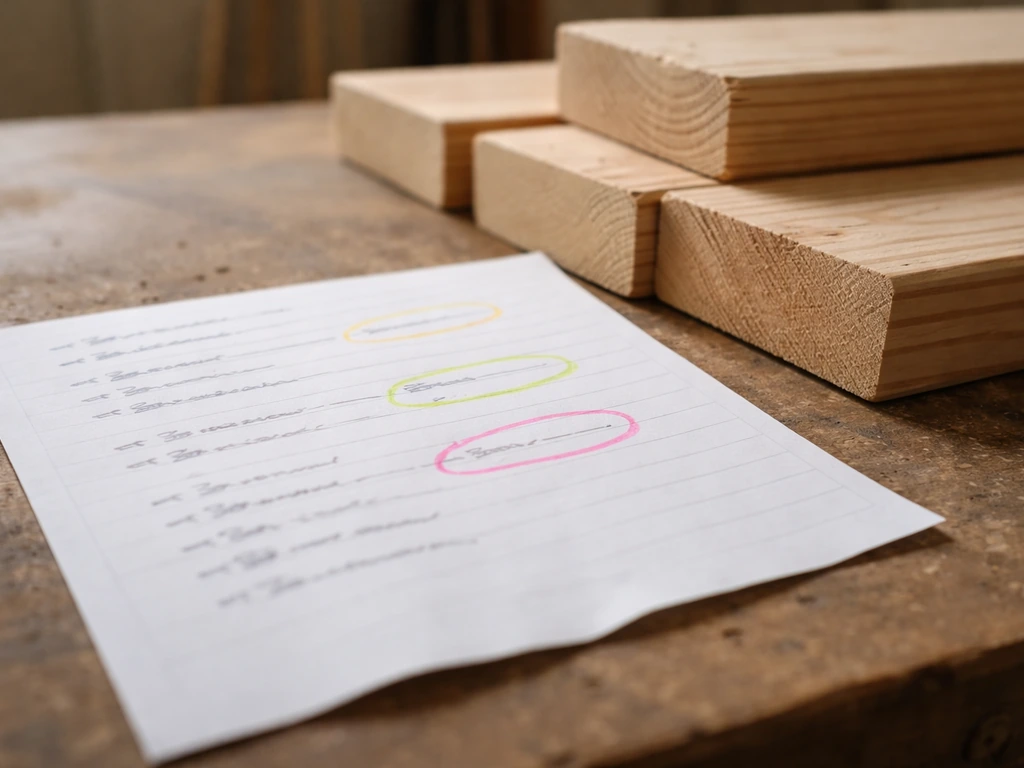 Close-up of handwritten cut list on paper beside stacked lumber with visible measured lengths highlighted.