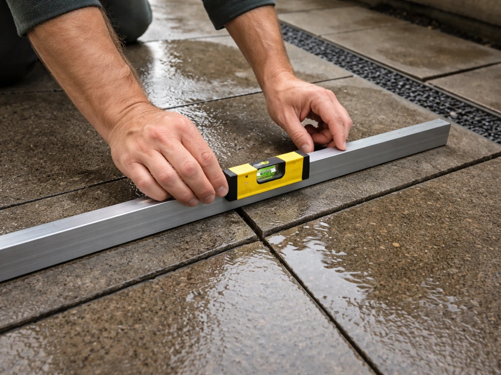 Person checking a patio surface with a small level near pooled water after rain.