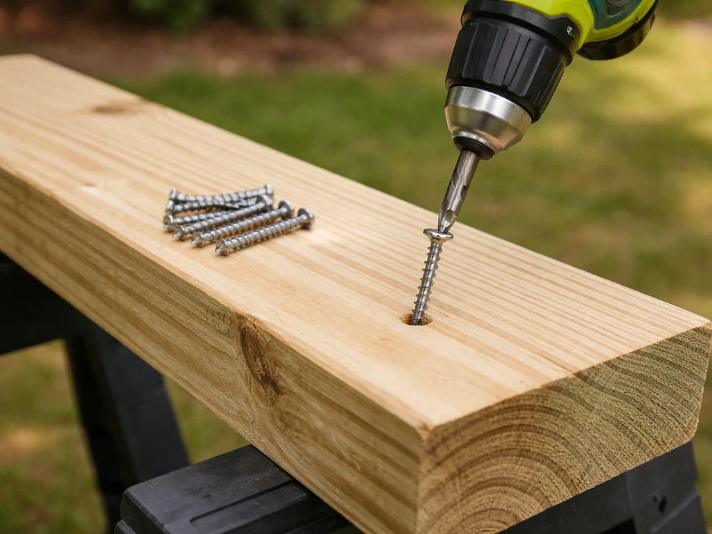 A drill/driver pre-drilling on pressure-treated lumber with exterior corrosion-resistant fasteners