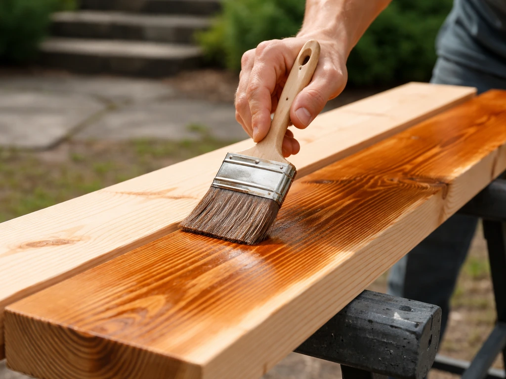 Hands brushing exterior stain onto sanded wood boards on sawhorses outdoors, natural daylight, minimal scene.