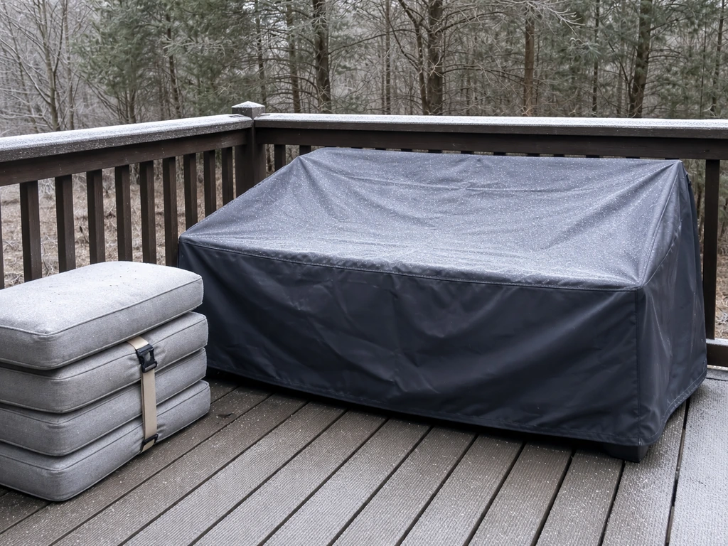 Covered patio furniture set for winter with cushions secured nearby on a deck.