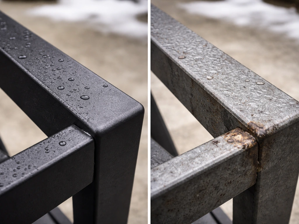 Close-up of powder-coated aluminum and older untreated steel patio furniture showing finish differences in winter