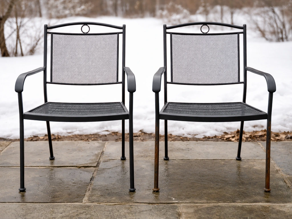 Two winter patio metal chairs showing clean wrought iron vs lightly rusted steel at the legs and joints