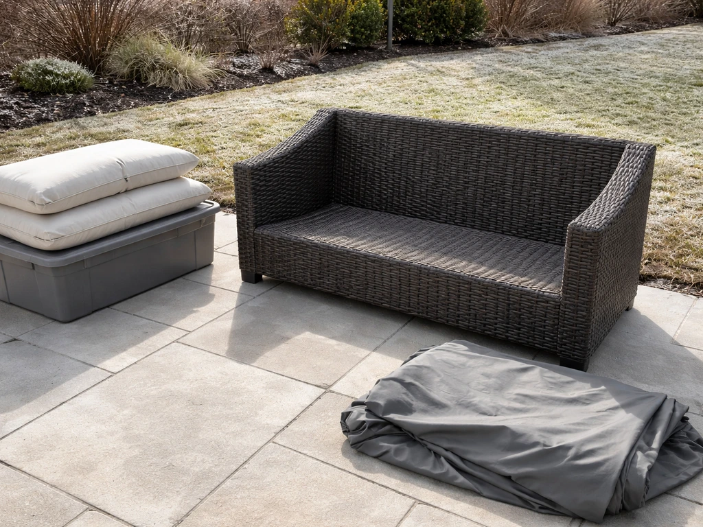 Synthetic wicker outdoor sofa with cushions removed, staged beside a storage box for winter protection.