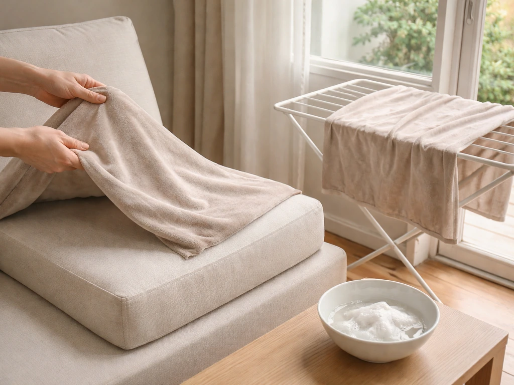 Hands removing a damp cushion cover and setting it on a clean drying rack in a bright room.
