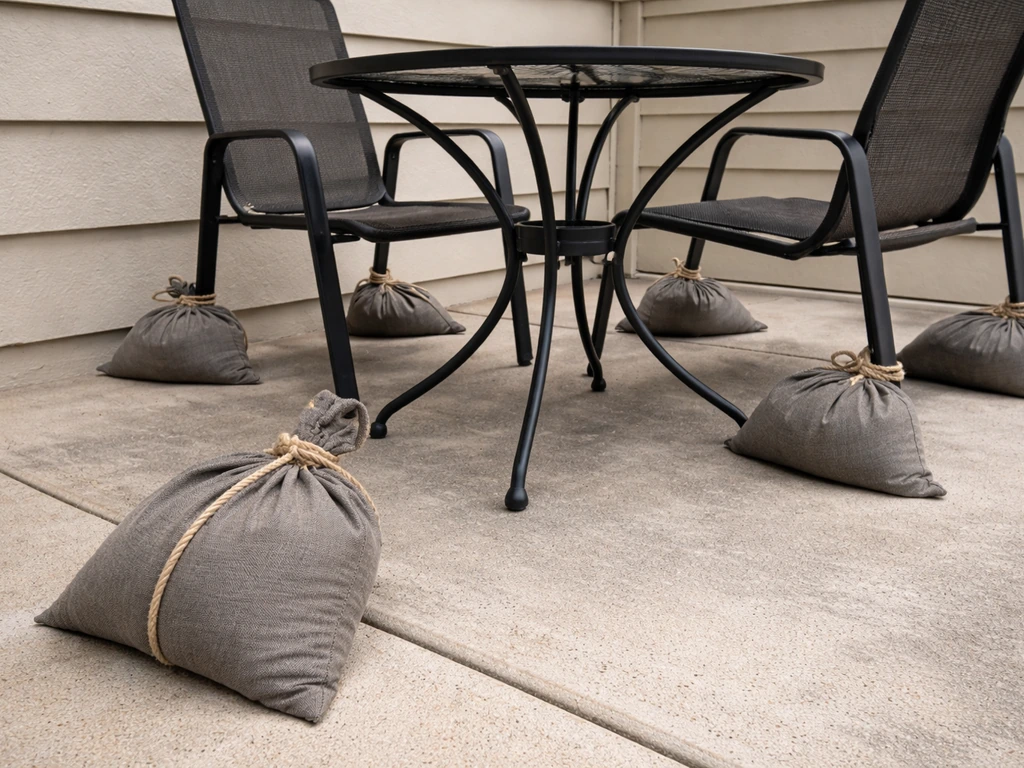 Patio table and chairs anchored with tied sandbags to prevent wind from moving them.