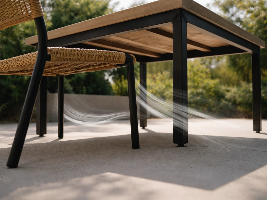 Low-angle photo of patio table with wind lifting the tabletop slightly from beneath.