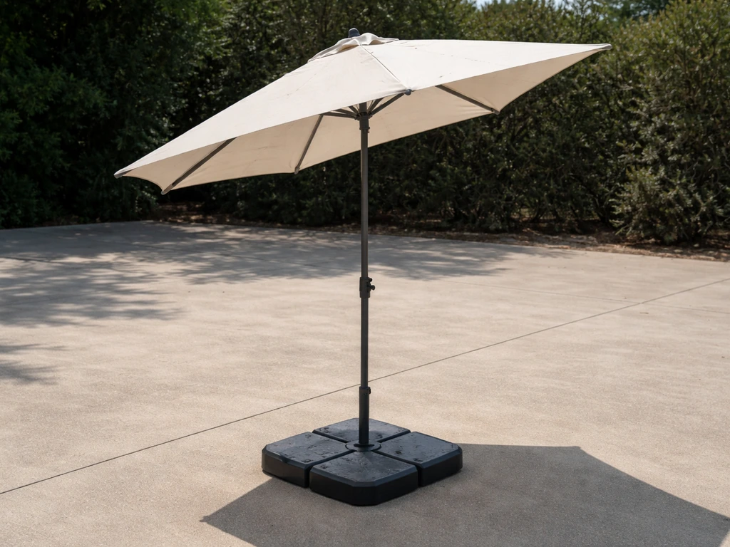 Wind-exposed open patio umbrella secured with a weighted base on a concrete surface